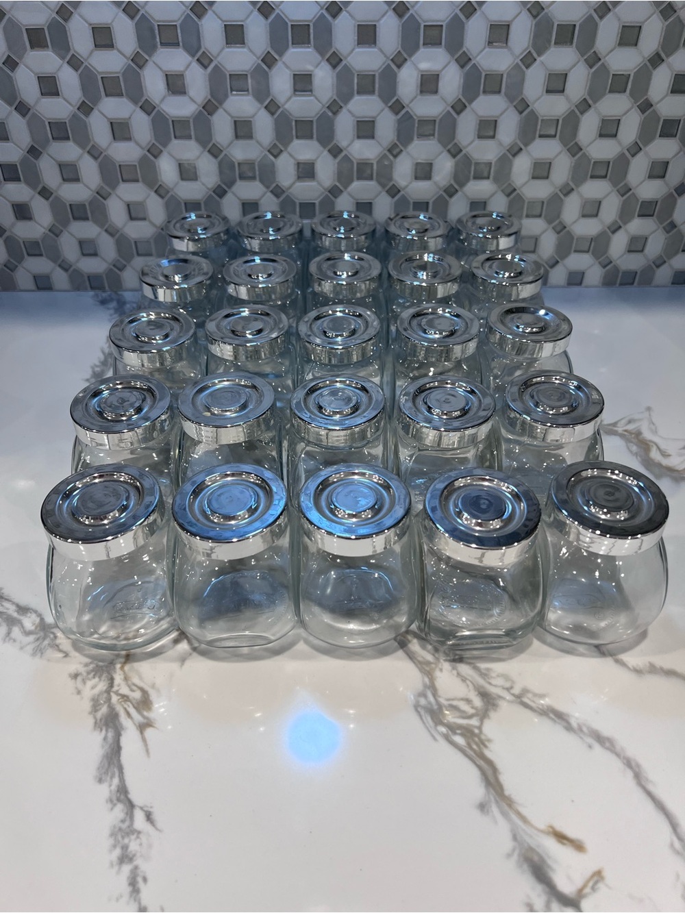 IKEA Rajtan Spice Jars Set of 25 Clear Glass Silver Tone Lids 5 oz